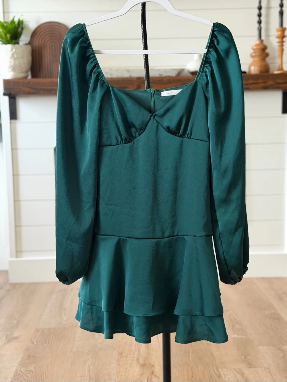 Altar'd State Emerald Green Long Sleeve Tiered Mini Dress